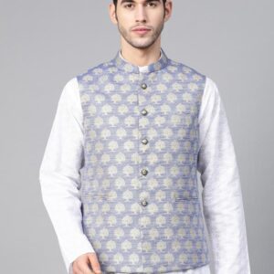 Men Blue & Beige Woven Design Nehru Jacket