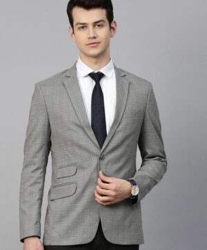 Men Grey & Blue Slim Fit Checked Single-Breasted Formal Blazer