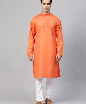 Men Orange & White Solid Kurta with Pyjamas