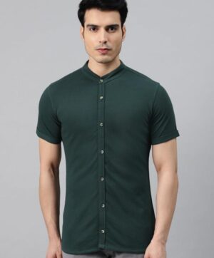 Men Green Solid Knitted Slim Fit Casual Shirt