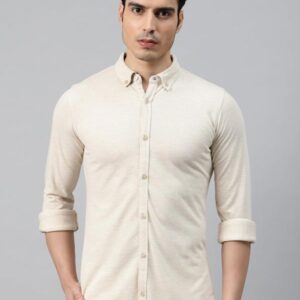 Men Off White Pure Cotton Knitted Slim Fit Casual Shirt