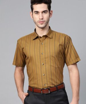 Men Brown & Navy Blue Slim Fit Striped Semiformal Shirt