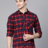 Men Red & Blue Slim Fit Checked Casual Shirt