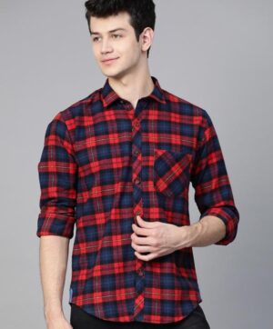 Men Red & Blue Slim Fit Checked Casual Shirt