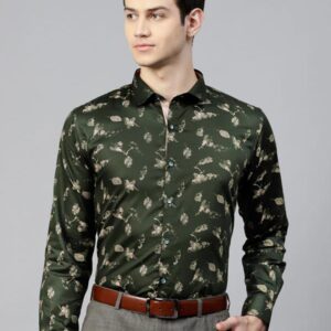 Men Olive Green & Beige Slim Fit Floral Printed Smart Casual Shirt