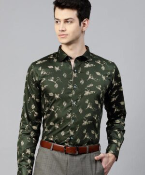 Men Olive Green & Beige Slim Fit Floral Printed Smart Casual Shirt