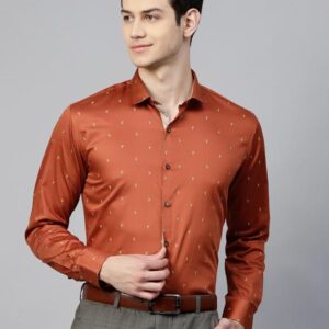Men Rust Orange & Yellow Slim Fit Micro Ditsy Quirky Printed Smart Casual Shirt