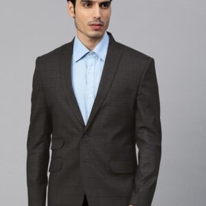 Men Charcoal Grey & Blue Twill Weave Slim Fit Checked Single Breasted Formal Blazer