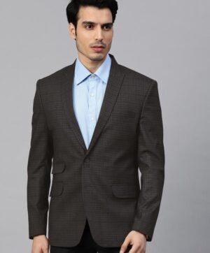 Men Charcoal Grey & Blue Twill Weave Slim Fit Checked Single Breasted Formal Blazer