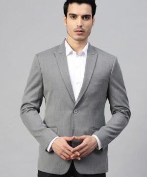 Men Grey Slim Fit Self-Design Single-Breasted Formal Blazer