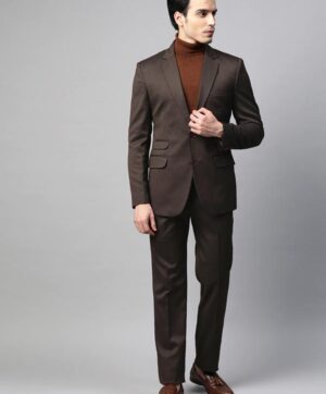 Men Coffee Brown Slim Fit Self-Striped Single-Breasted Formal Suit