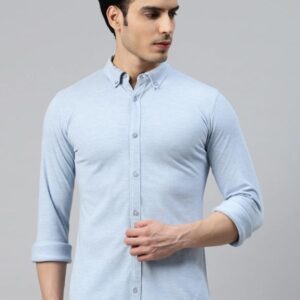 Men Blue Pure Cotton Knitted Slim Fit Casual Shirt
