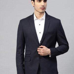 Men Navy Blue Self-Design Slim-Fit Single-Breasted Blazer