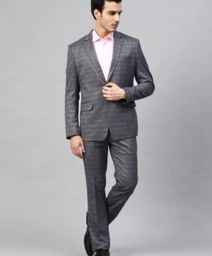 ManQ Men Grey Checked Slim Fit Single-Breasted Suit