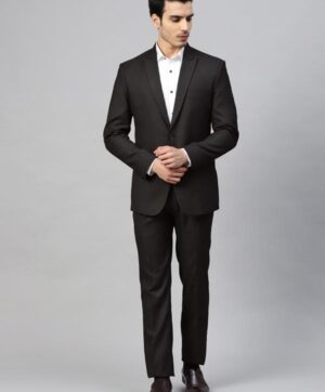 Men Black Self Design Slim Fit Formal Single Breasted Suit