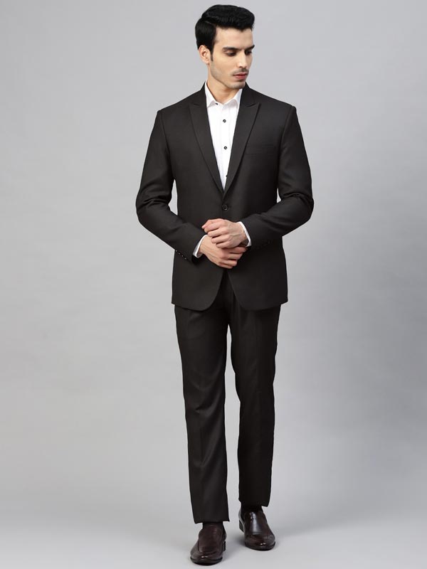 Men Black Self Design Slim Fit Formal Single Breasted Suit – ManQ