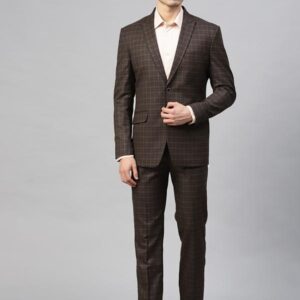 ManQ Men Brown and Black Checked Slim Fit Single-Breasted Suit