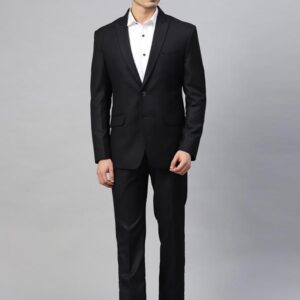 Men Navy Blue & Black Self-Design Slim Fit Single-Breasted Suit