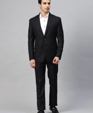Men Navy Blue & Black Self-Design Slim Fit Single-Breasted Suit