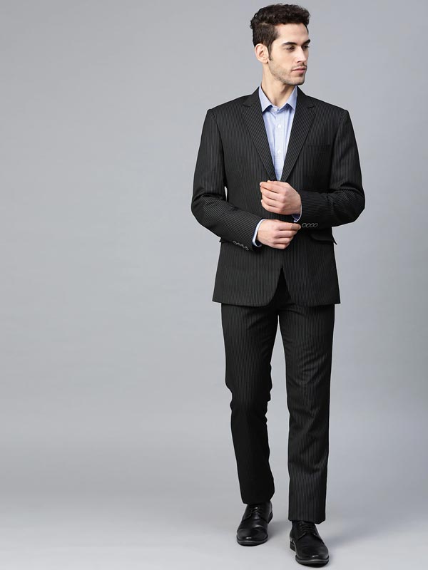 Men Black & White Slim Fit Striped Single-Breasted Formal Suit – ManQ