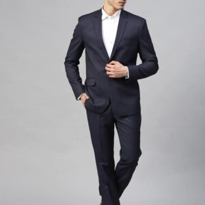 Men Navy Blue Self-Design Slim Fit Single-Breasted Suit