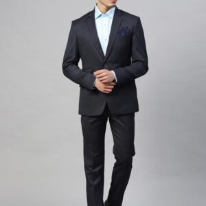 Men Navy Blue Striped Slim Fit Single-Breasted Suit