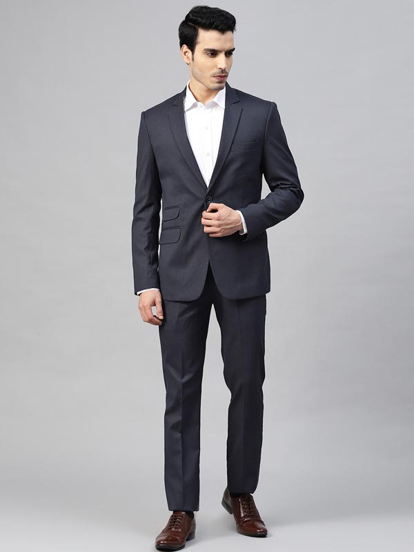 Men Navy Solid Slim Fit Single-Breasted Suit - ManQ