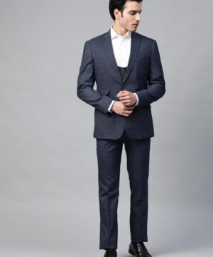 Men Navy Blue Checked Slim Fit Single-Breasted Suit