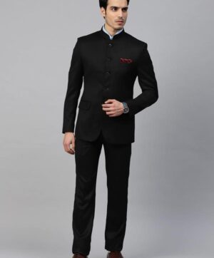 Men Black Solid Slim Fit Bandhgala Suit