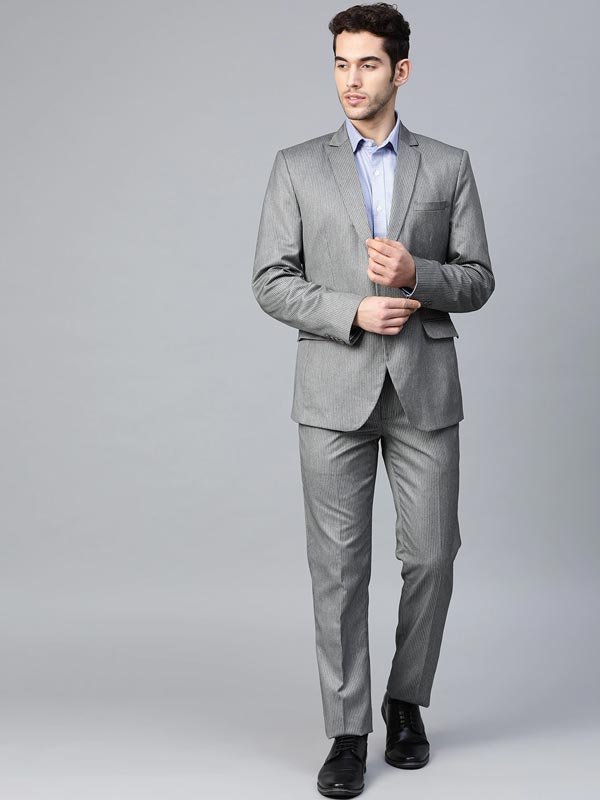 Men Grey Striped Slim-Fit Single-Breasted Formal Suit – ManQ