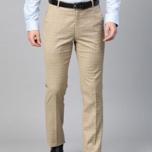 Men Beige Checked Slim Fit Formal Trousers