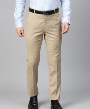 Men Beige Checked Slim Fit Formal Trousers