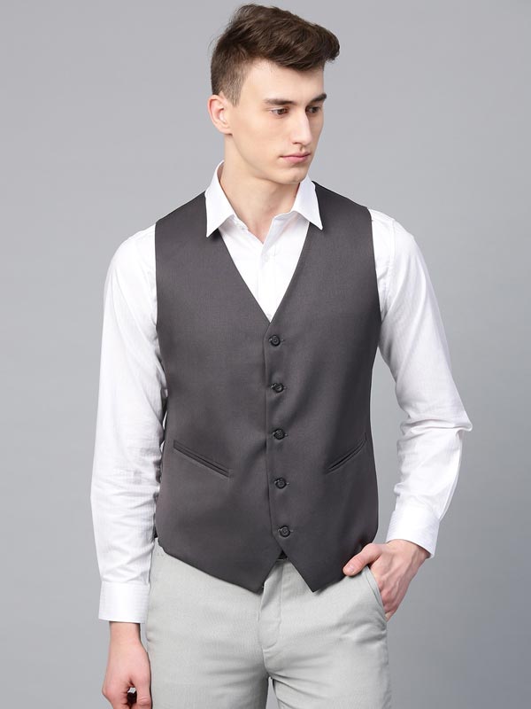 Men Charcoal Grey Solid Slim Fit Formal Waistcoat – ManQ