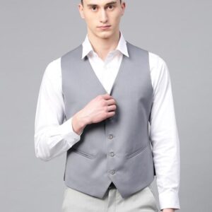 Men Grey Solid Slim Fit Single-Breasted Waistcoat
