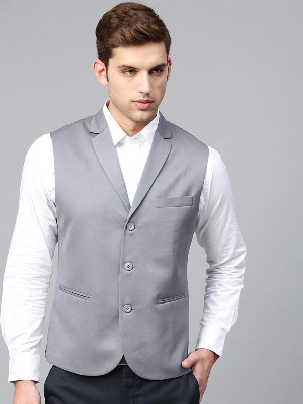 Men Grey Solid Slim Fit Formal Waistcoat – ManQ