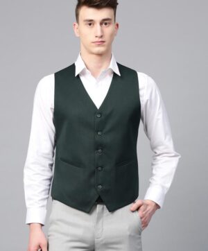 Men Green Solid Slim Fit Single-Breasted Waistcoat