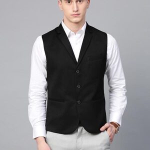 Men Black Solid Slim Fit Woven Formal Waistcoat