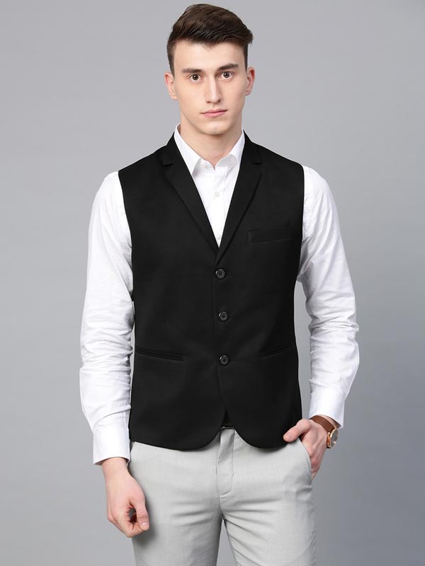 Men Black Solid Slim Fit Woven Formal Waistcoat – ManQ