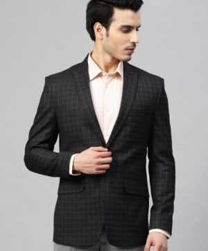 Men Black and Green Checked Slim Fit Single-Breasted Blazer