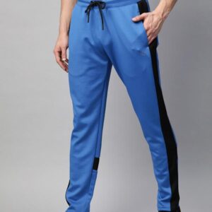 Men Blue Solid Slim Fit Training Track Pants with Colourblocked Detail