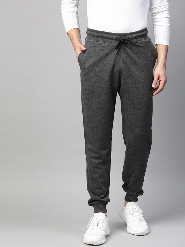 Men Charcoal Grey Solid Slim Fit Joggers with Side Stripe Detail - ManQ