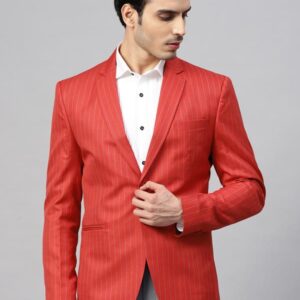 Men Red & Blue Twill Weave Striped Single-Breasted Casual Slim Fit Blazer