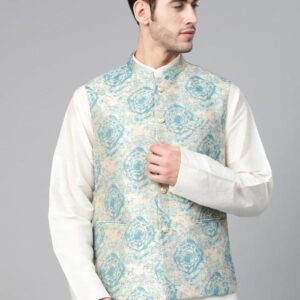 Men Beige & Blue Woven Design Nehru Jacket
