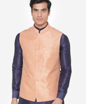 Men Peach-Coloured Solid Nehru Jacket
