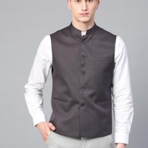 Men Charcoal Grey Slim Fit Solid Nehru Jacket