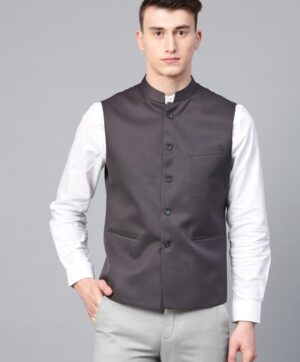Men Charcoal Grey Slim Fit Solid Nehru Jacket