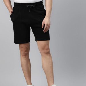 Men Black Solid Pure Cotton Slim Fit Mid-Rise Training or Gym Sports Shorts