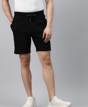 Men Black Solid Pure Cotton Slim Fit Mid-Rise Training or Gym Sports Shorts