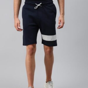Men Navy Blue & Grey Melange Colourblocked Slim Fit Cotton Training Sports Shorts