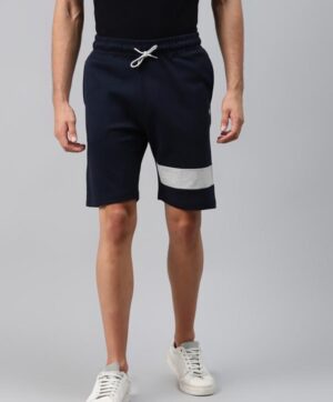 Men Navy Blue & Grey Melange Colourblocked Slim Fit Cotton Training Sports Shorts